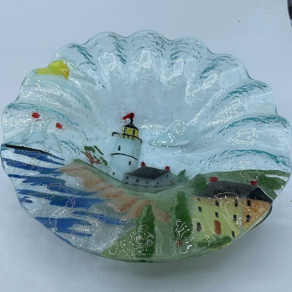 A.C.Ross Fused glass lighthouse clamshell edge bowl.